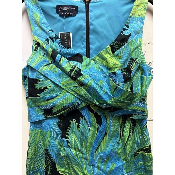 Jones New York Signature Womens Dress Sz 8 Blue Green Stretch Leaf Print Ruffle - Picture 6 of 7